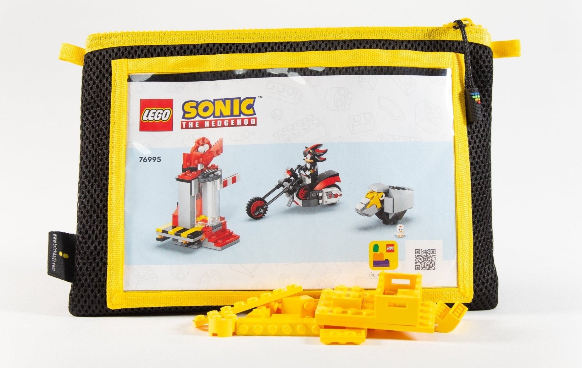 Premium sustainable brick storage solution showing four bag sizes for LEGO organization