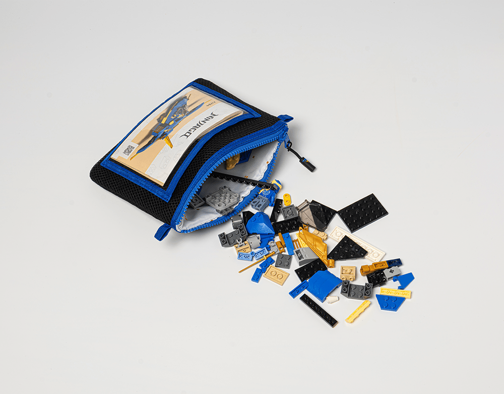 Small blue Brick Bagz sustainable storage solution for LEGO sets with instruction booklet